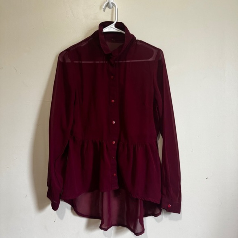 Burgundy Sheer Chiffon Peplum High Low Button Up Blouse Wine Maroon Long Sleeve